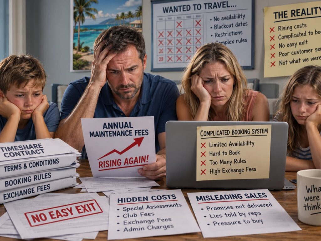 Timeshare owners reviewing contracts, rising fees, and booking challenges highlighting the importance of independent timeshare advice