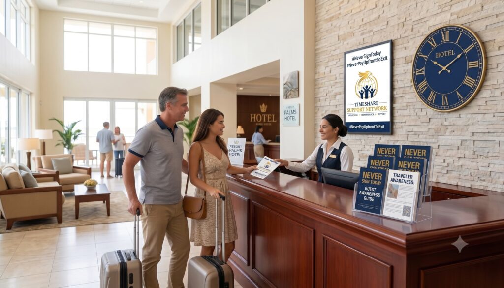 Timeshare consumer rights information displayed at a hotel reception for arriving travellers