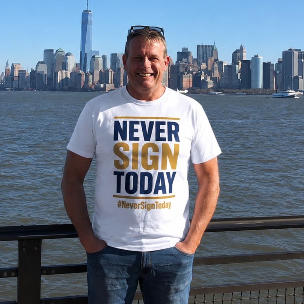 Mark Denney wearing a Never Sign Today shirt promoting independent timeshare advice and consumer protection