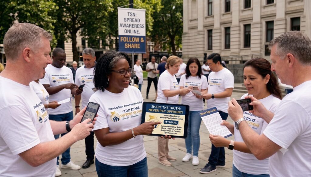 Timeshare awareness campaign volunteers sharing consumer protection messages online and in public