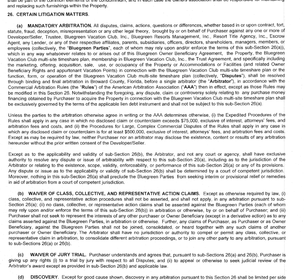 Example of a mandatory timeshare arbitration clause in a contract