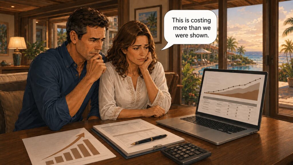 Use: `Couple reviewing the true long-term cost of timeshare ownership, including rising annual fees and finance costs`