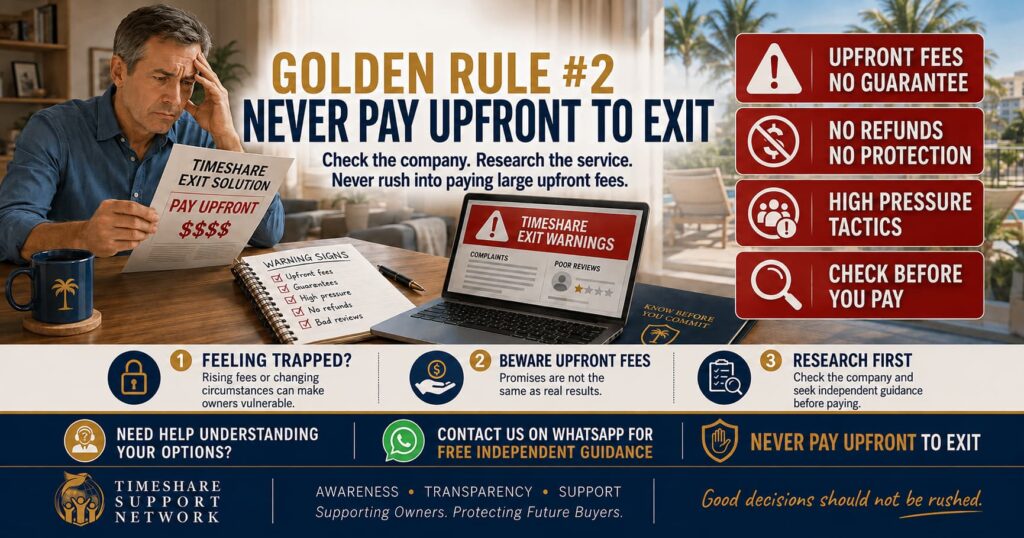 Timeshare exit scams warning: never pay upfront fees for a promised timeshare exit