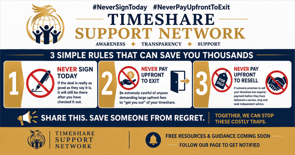 Timeshare advice: never sign today and never pay upfront to exit