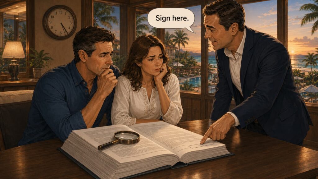 Couple pressured to sign a lengthy timeshare contract before they have time to read the small print